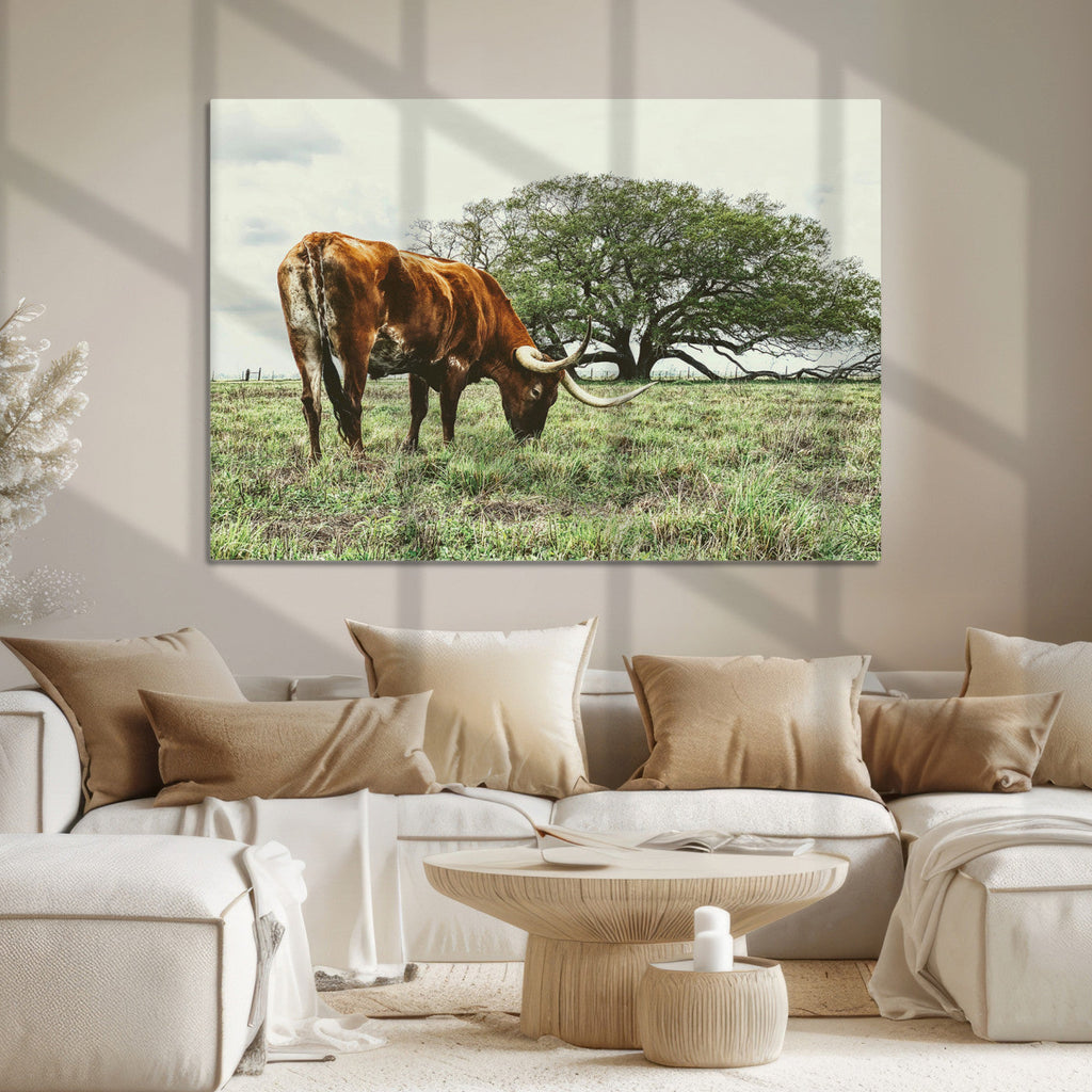 Texas Longhorn Wall Art Canvas Print, Rustic Western Ranch