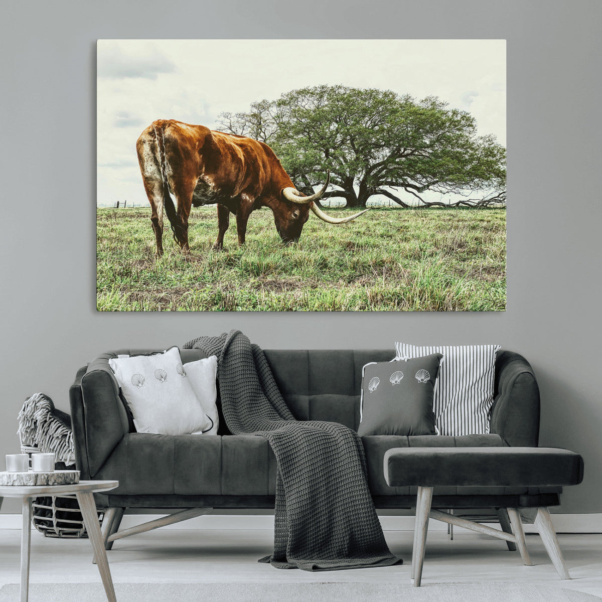 Texas Longhorn Wall Art Canvas Print, Framed Rustic Ranch Western Cattle
