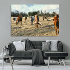 Texas Longhorns Wall Art Canvas Print, Framed Rustic Farm Scene Western Cattle