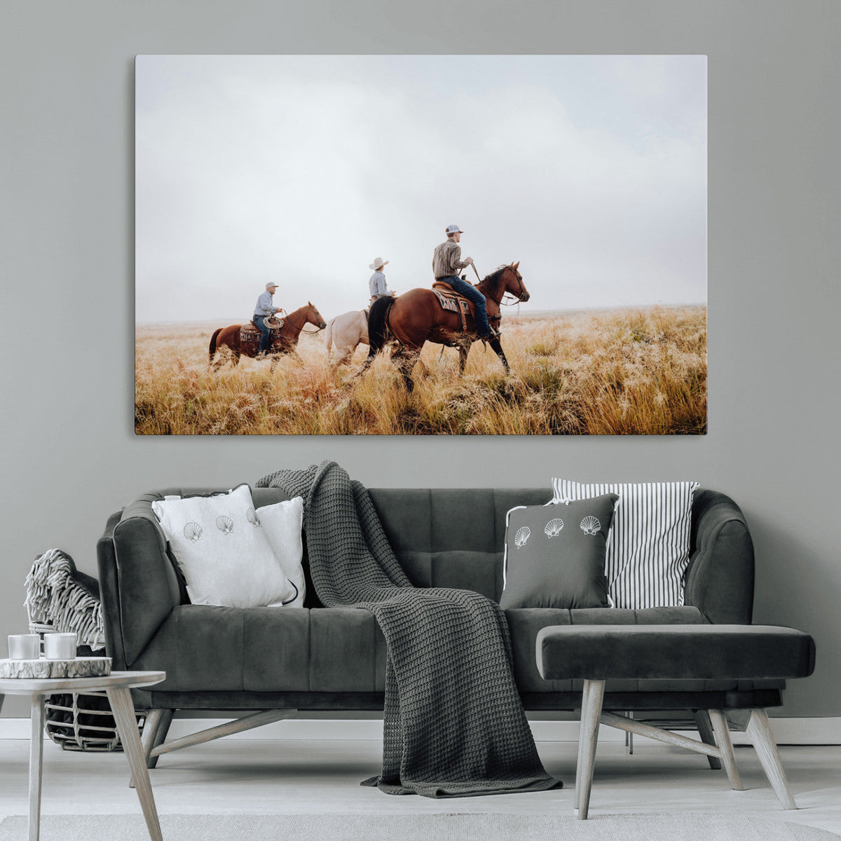 Western Cowboys Wall Art Canvas Print, Framed Horseback Riders on a Rustic Prairie