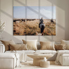 Western Wall Art Canvas Print, Framed Cowboy Cattle Drive Scene