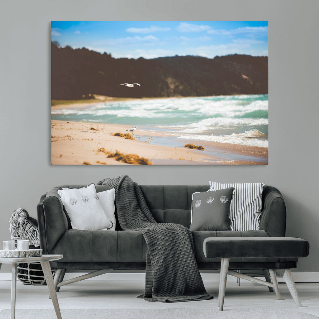 Tranquil Beach Wall Art Canvas Print, Framed Blue Ocean Waves on a Sandy Shore