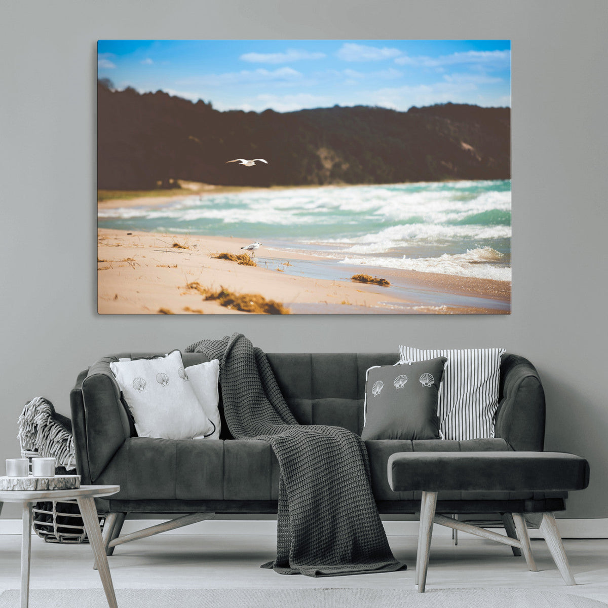 Tranquil Beach Wall Art Canvas Print, Framed Blue Ocean Waves on a Sandy Shore