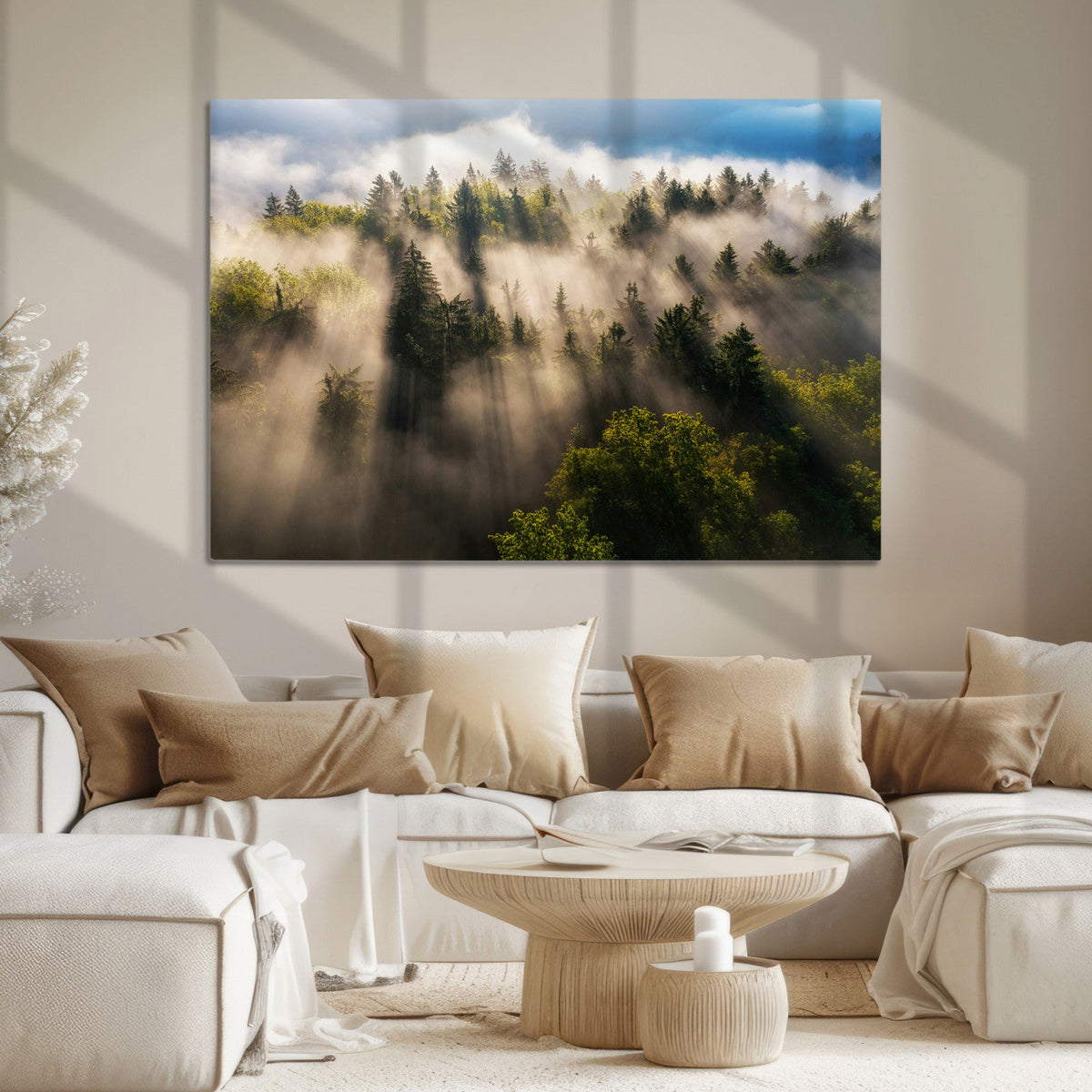 Tranquil Forest Scene Wall Art Canvas Print, Framed Moody Sunbeam Through Trees