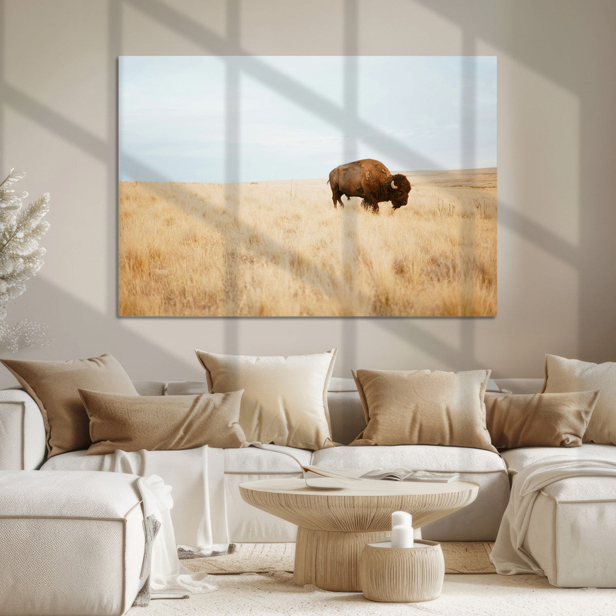 Buffalo Wall Art Canvas Print, Framed Western Wildlife Rustic Prairie Scene