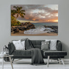Tropical Beach Wall Art Canvas Print, Vibrant Hawaiian Sunset with Ocean Waves