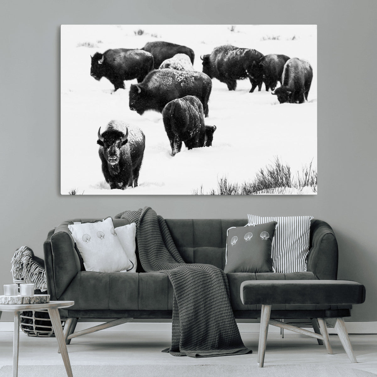 Buffalo Herd Wall Art Canvas Print, Framed Black and White Snowy Landscape