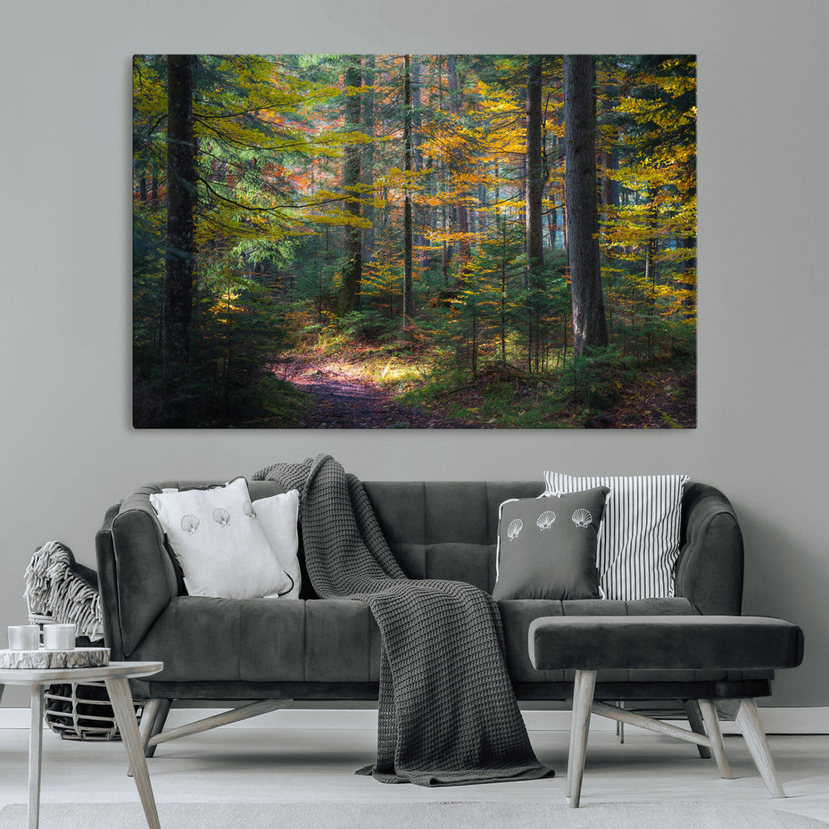Autumn Forest Wall Art Canvas Print, Framed Fall Woodland with Golden Leaves