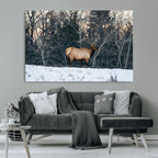 Wild Elk Wall Art Canvas Print, Framed Winter Wildlife in a Snowy Forest