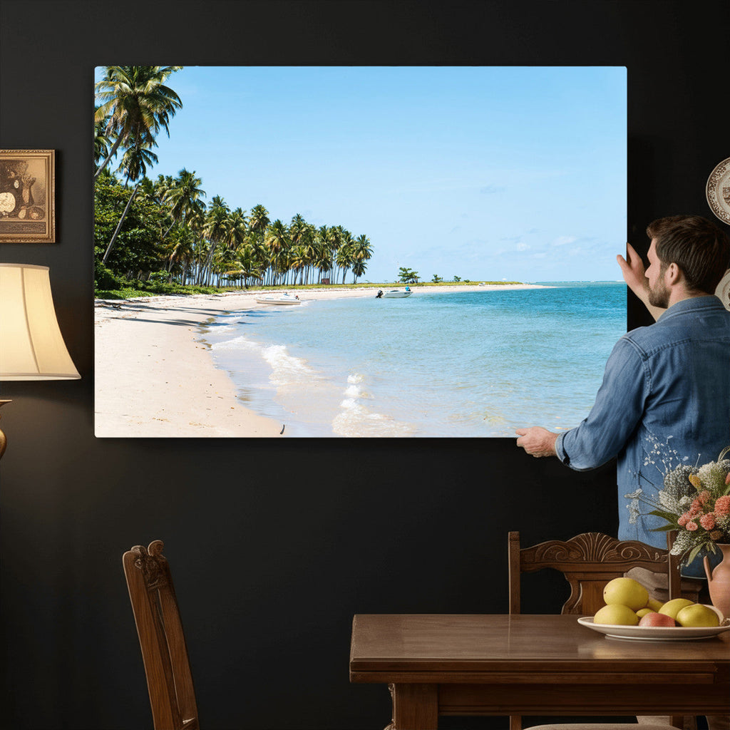 Palm Tree Coast Wall Art Canvas Print, Framed Island Getaway with Crystal Blue Water