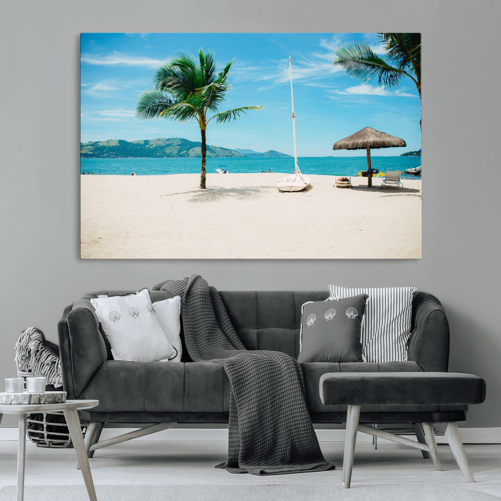 Tropical Beach Wall Art Canvas Print, Framed Palm Tree Ocean View with Calm Waves