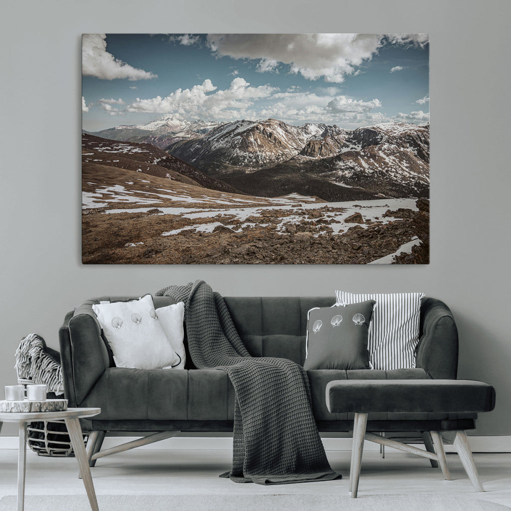 Mountain Landscape Wall Art Canvas Print, Framed Snowy Peaks Art, Rugged Highlands Rustic Adventure Decor