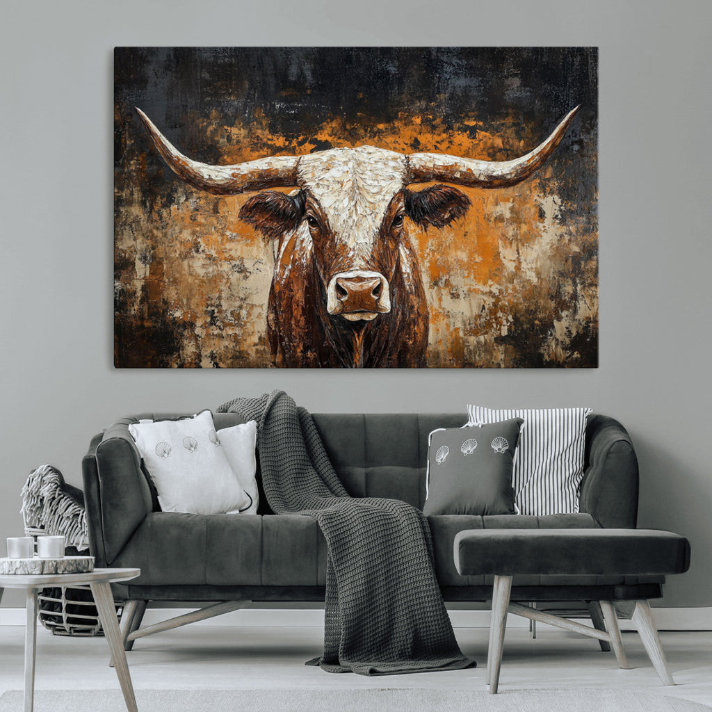 Abstract Longhorn Bull Wall Art Canvas Print, Vintage Western Texas Steer Artwork