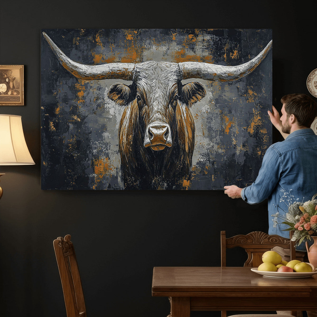 Rustic Bull Wall Art Canvas Print, Longhorn Wall Decor