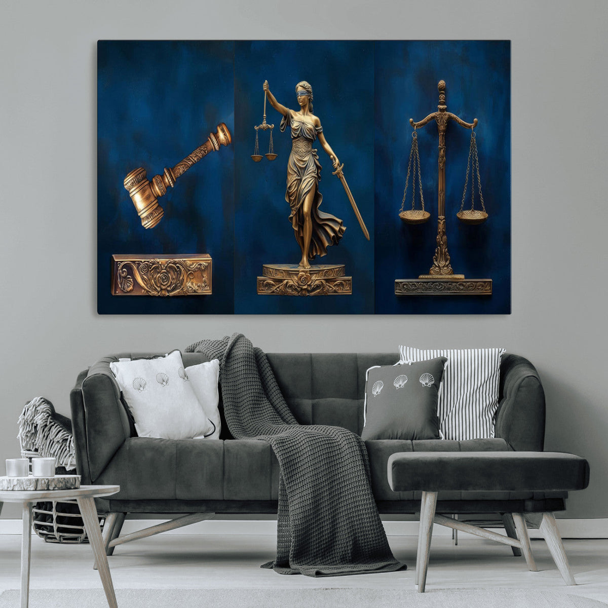 Lady Justice Wall Art Canvas Print, Elegant Gold Legal Symbols on Blue, Law Office Decor