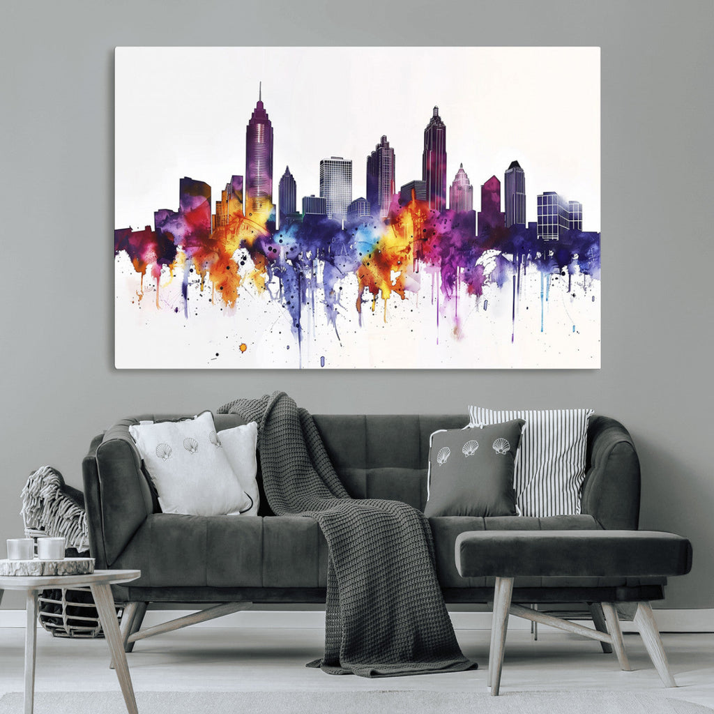 Atlanta Skyline Wall Art Canvas Print, Framed Colorful Watercolor Cityscape