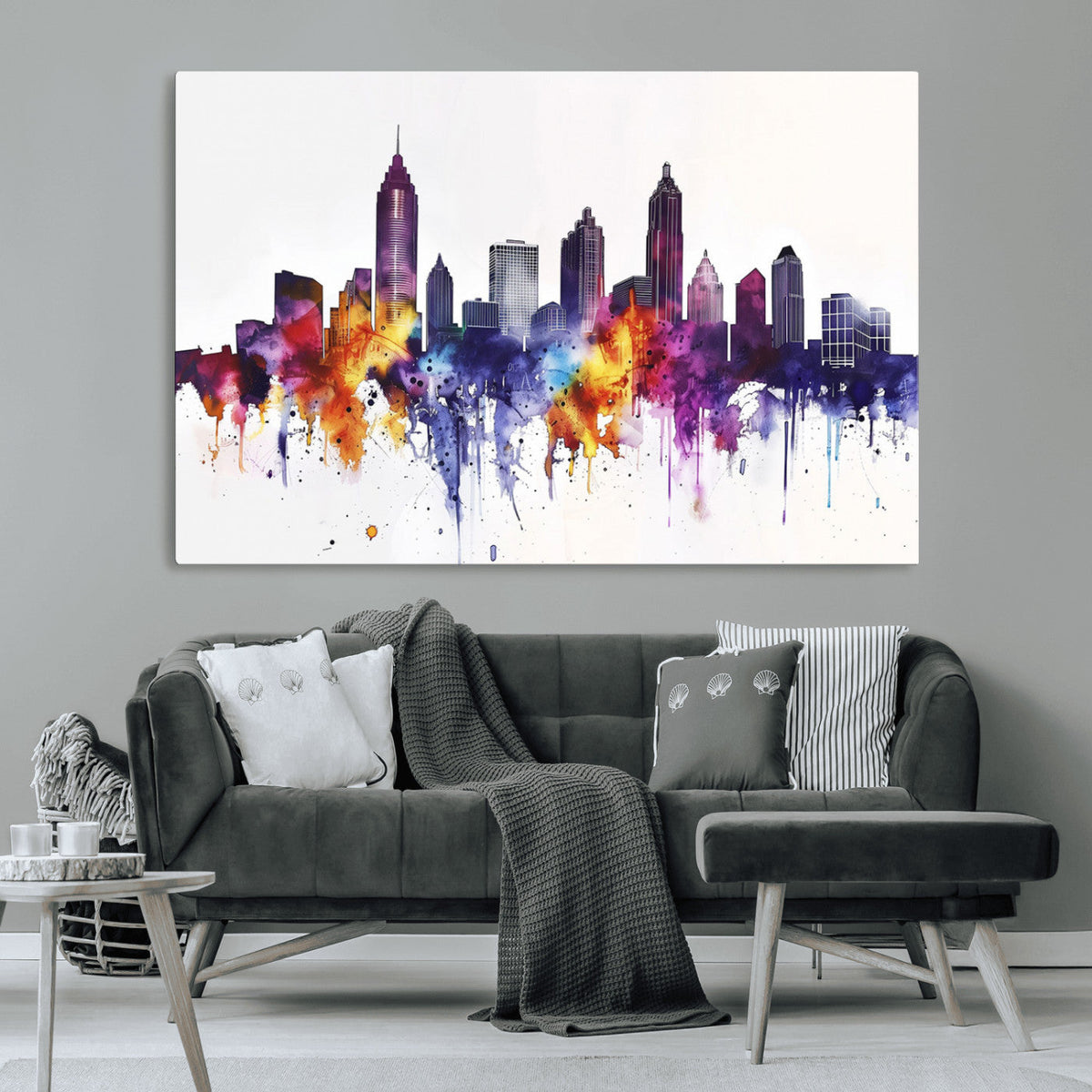 Atlanta Skyline Wall Art Canvas Print, Framed Colorful Watercolor Cityscape