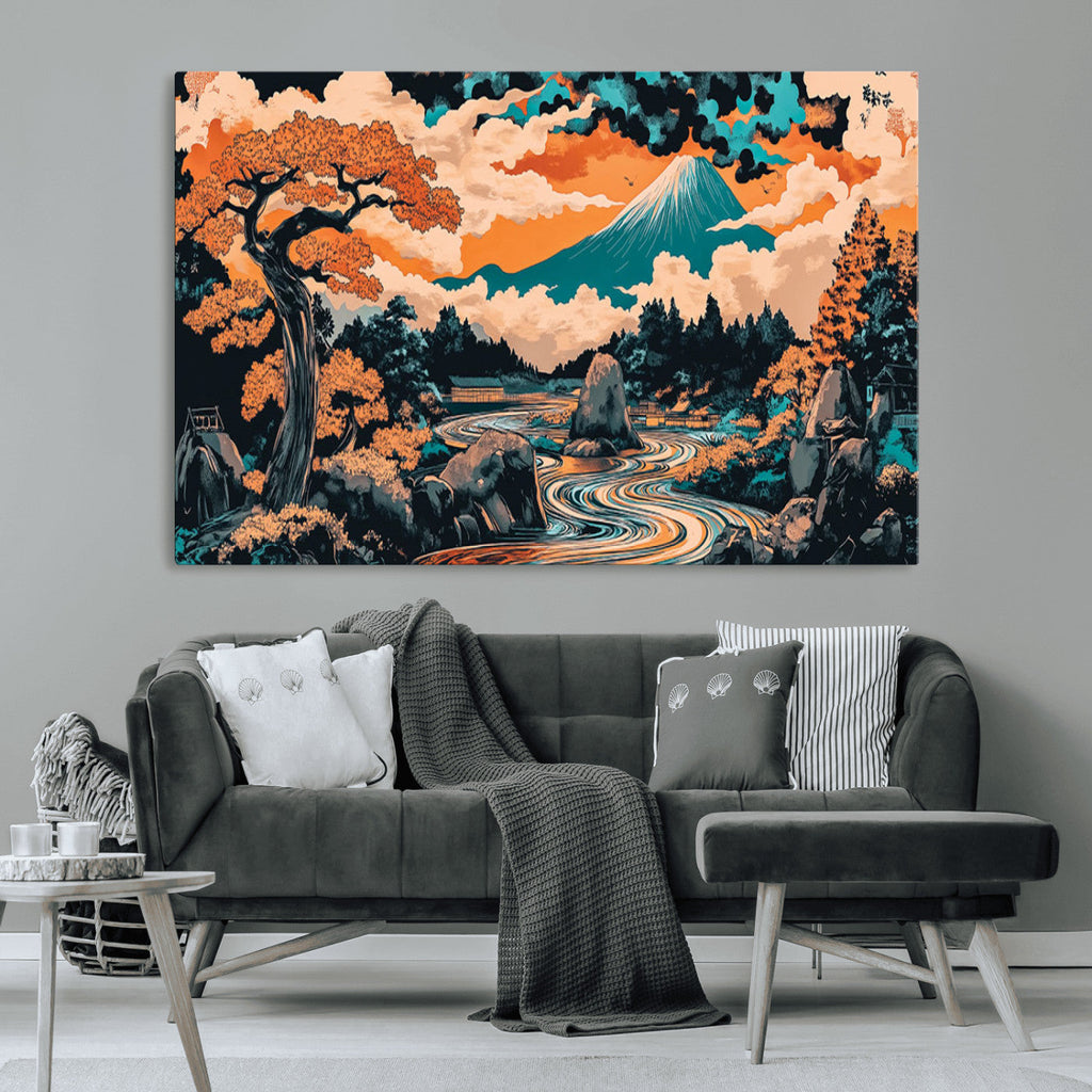 Japanese Landscape Wall Art Canvas Print, Mount Fuji with Flowing River and Autumn Trees