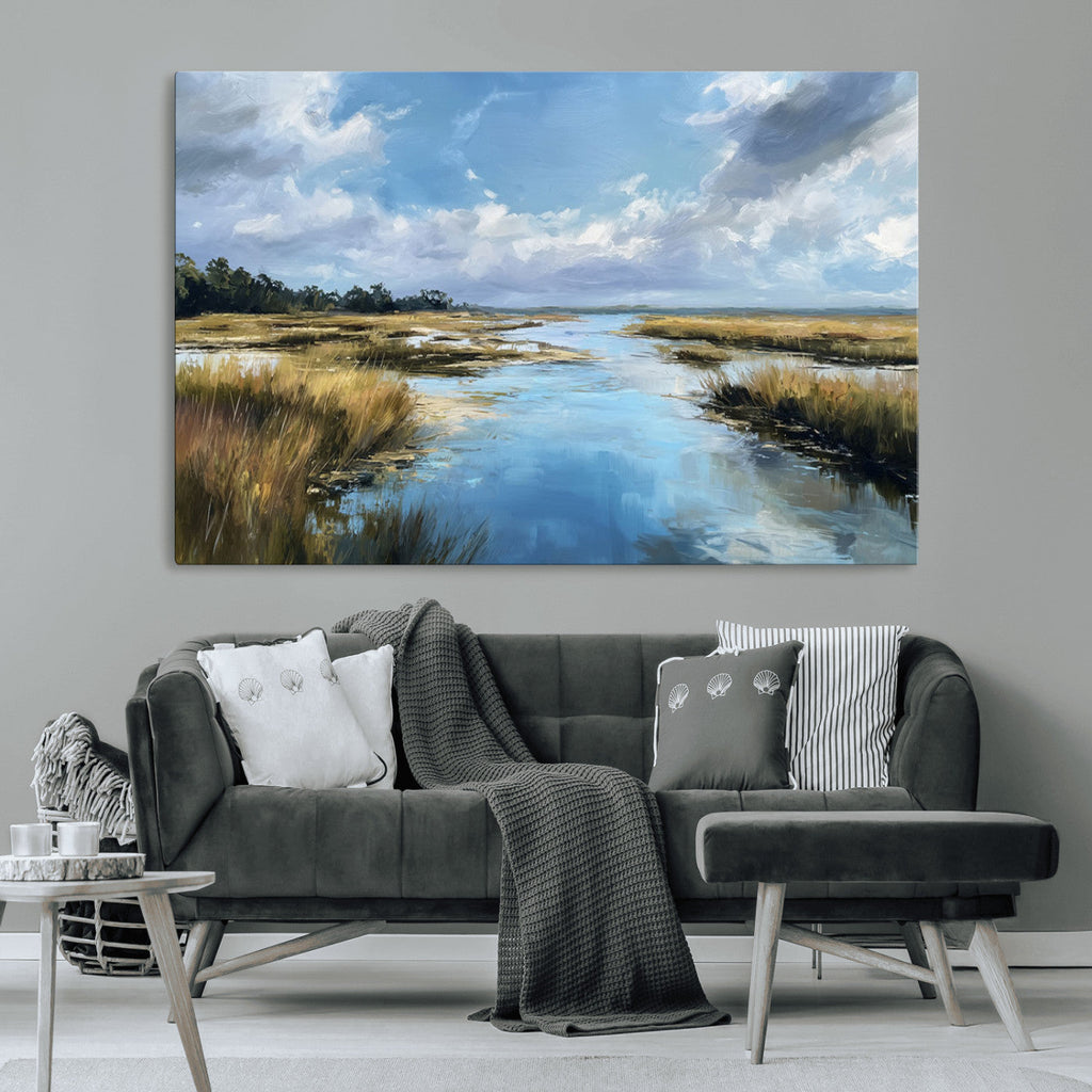 Marshland Wall Art Canvas Print, Serene Water Reflection with Blue Sky and Golden Grass