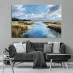 Marshland Wall Art Canvas Print, Serene Water Reflection with Blue Sky and Golden Grass