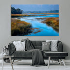 Tranquil Marshland Wall Art Canvas Print, Blue Water Reflecting Sky and Golden Grasses