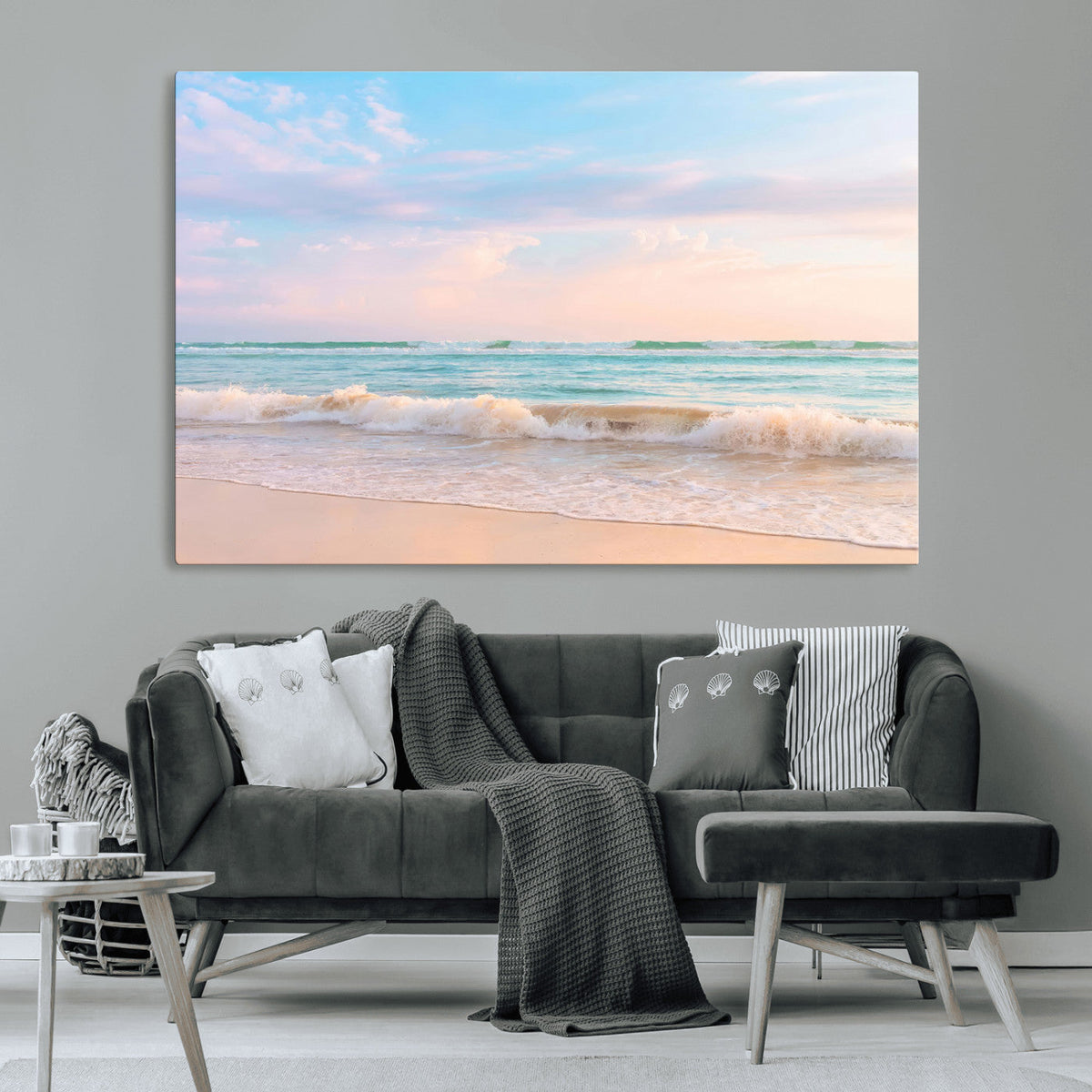 Serene Ocean Waves Wall Art Canvas Print, Pastel Sky Over a Soft Sand Beach