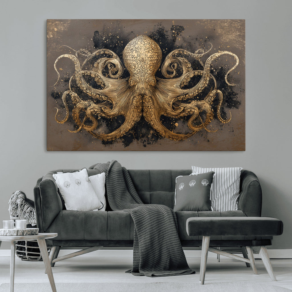 Octopus Wall Art Canvas Print, Black and Gold Detailed Tentacles Nautical Illustration