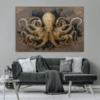 Octopus Wall Art Canvas Print, Black and Gold Detailed Tentacles Nautical Illustration