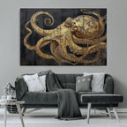 Octopus Wall Art Canvas Print, Gold Detail Octopus on Wooden Plank Background