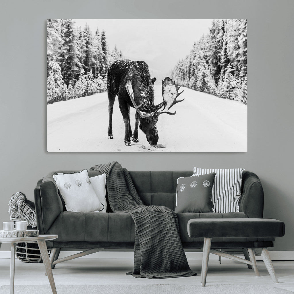 Moose Wall Art Canvas Print, Winter Moose with Antlers in a Snowy Forest