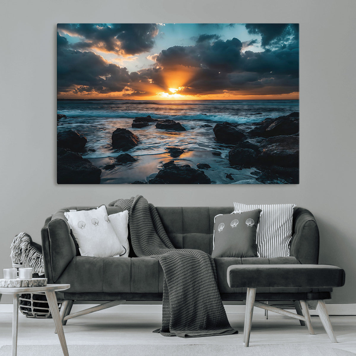Ocean Sunset Wall Art Canvas Print, Rocky Shore Waves and Golden Sun Rays