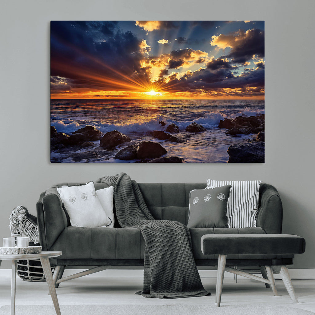 Sunset Ocean Wall Art Canvas Print, Waves on a Rocky Shore Under Dramatic Sky