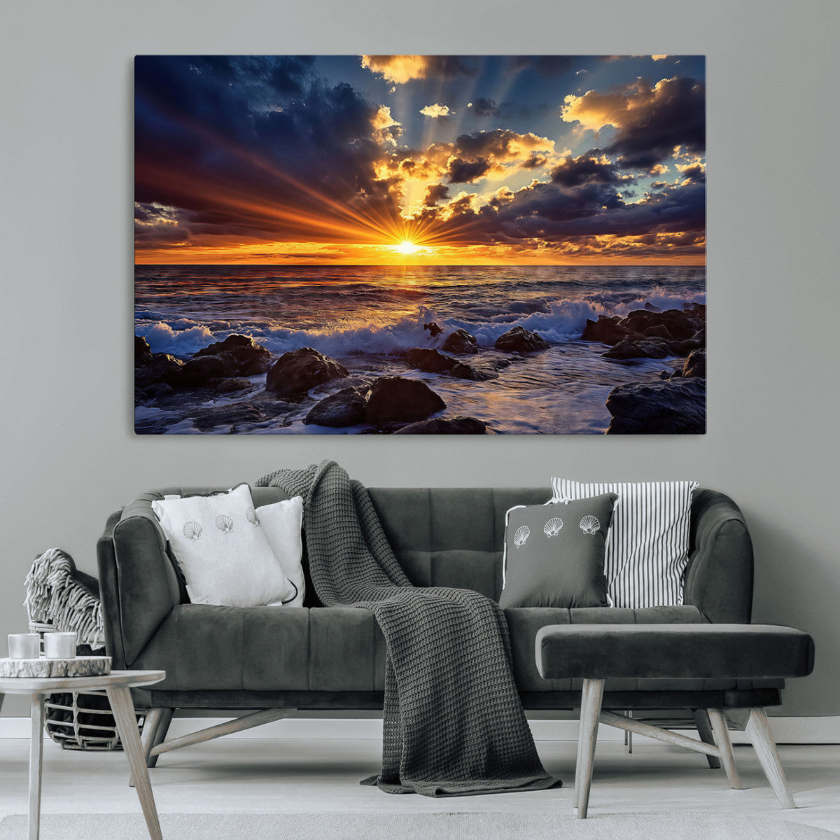 Sunset Ocean Wall Art Canvas Print, Waves on a Rocky Shore Under Dramatic Sky