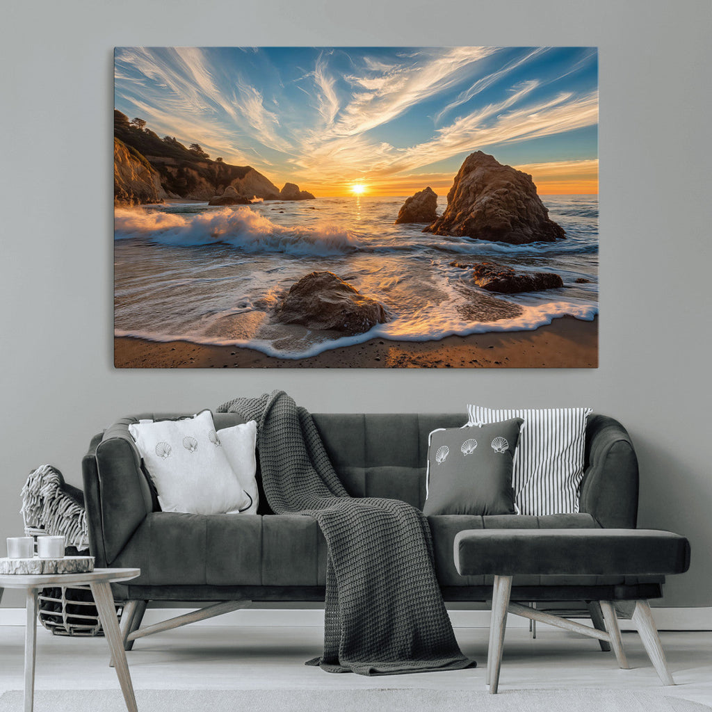Rocky Ocean Sunset Wall Art Print, Seaside Canvas with Dramatic Seascape
