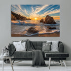 Rocky Ocean Sunset Wall Art Print, Seaside Canvas with Dramatic Seascape