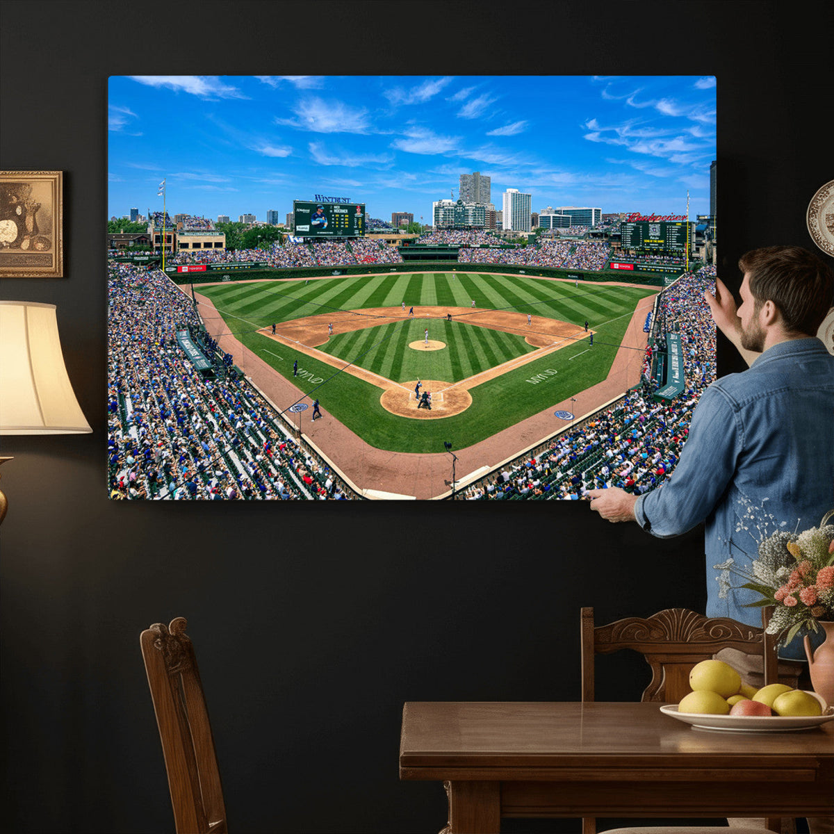 Wrigley Field Baseball Stadium Canvas Wall Art, Packed Crowd and Chicago Skyline