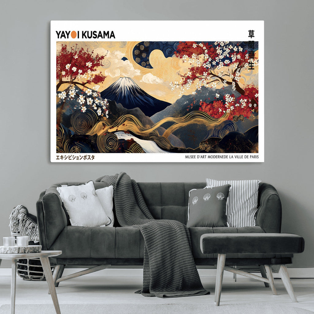 Yayoi Kusama Inspired Japanese Art Canvas Print, Floral Mt. Fuji Modern Asian Wall Decor