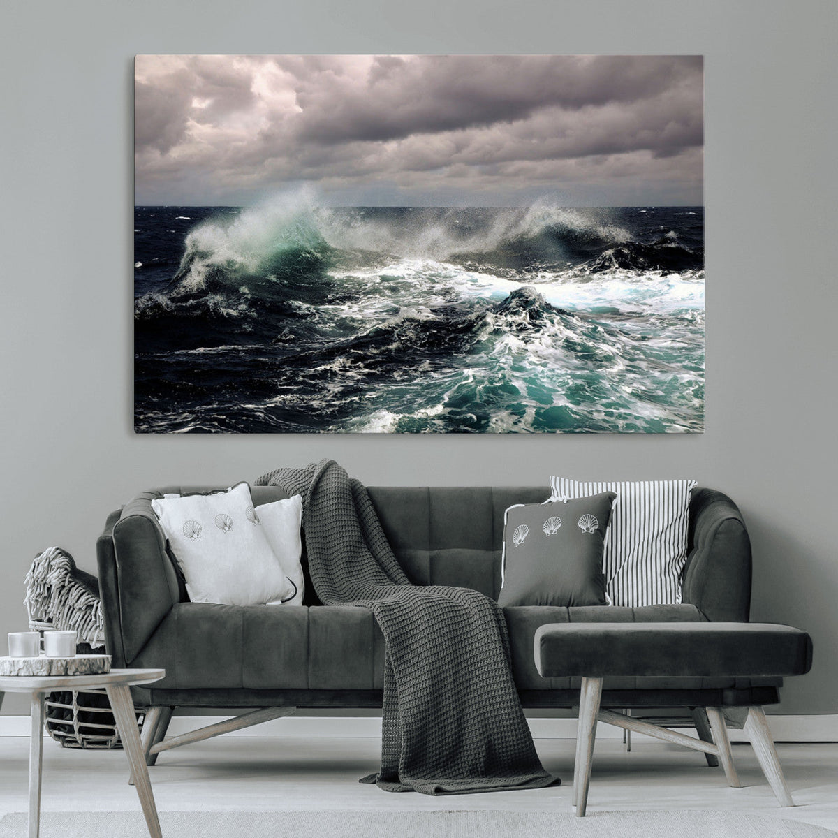 Stormy Ocean Waves Canvas Wall Art, Framed Turbulent Sea Nature Print