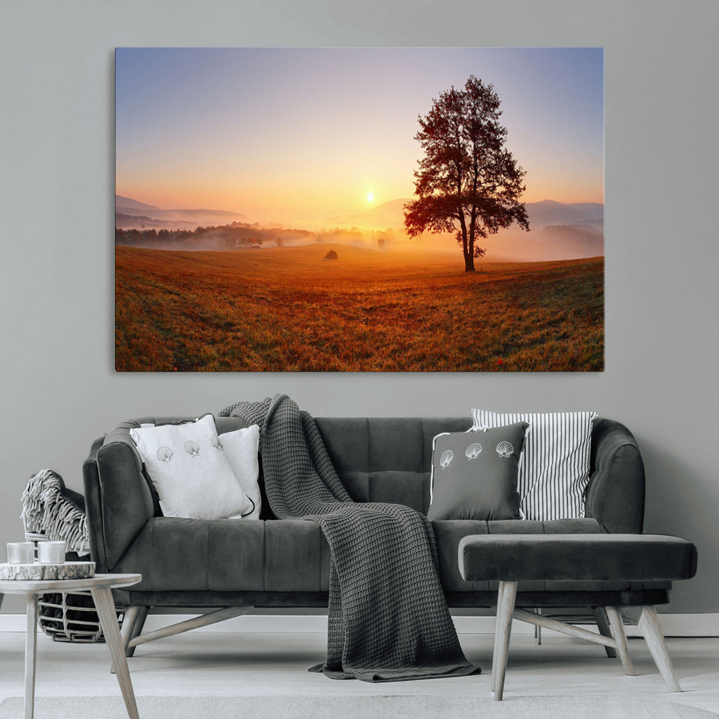 Golden Sunrise Landscape Canvas Wall Art, Framed Misty Field Nature Print