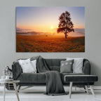 Golden Sunrise Landscape Canvas Wall Art, Framed Misty Field Nature Print