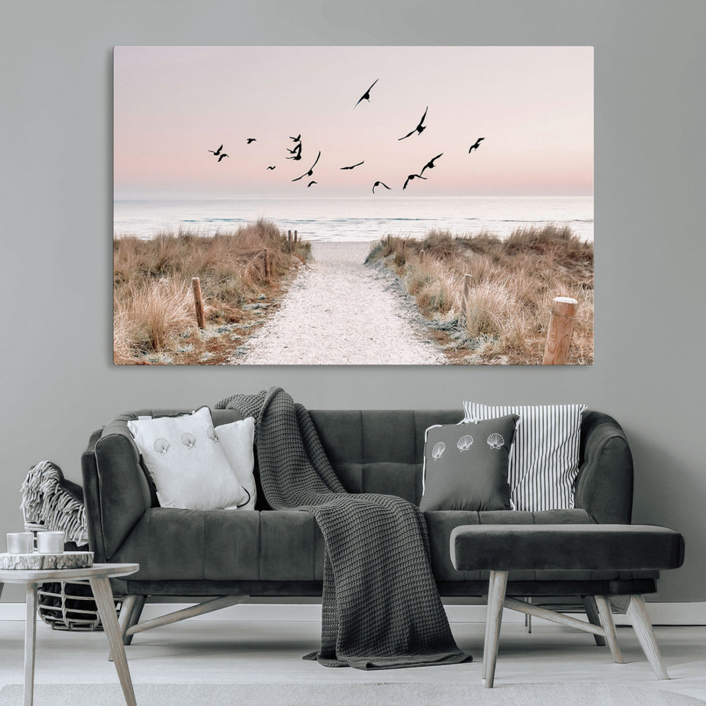 Coastal Pathway Canvas Wall Art Print, Framed Seaside Landscape with Beach and Birds