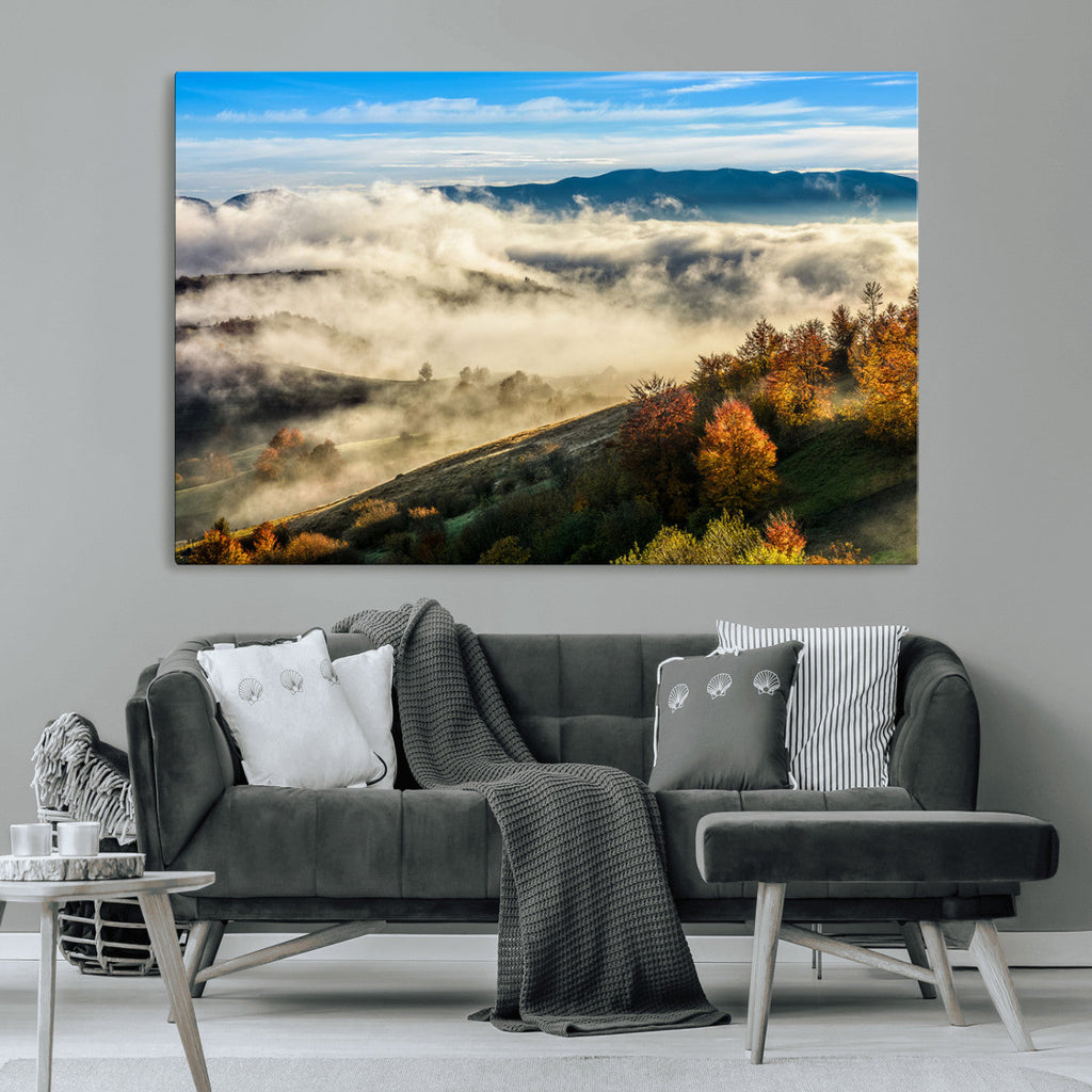 Misty Autumn Hills Wall Art Canvas Print, Foggy Forest Landscape with Fall Foliage