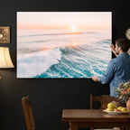 Sunset Surfing Wall Art Canvas Print, Ocean Wave Surfer with Golden Sky