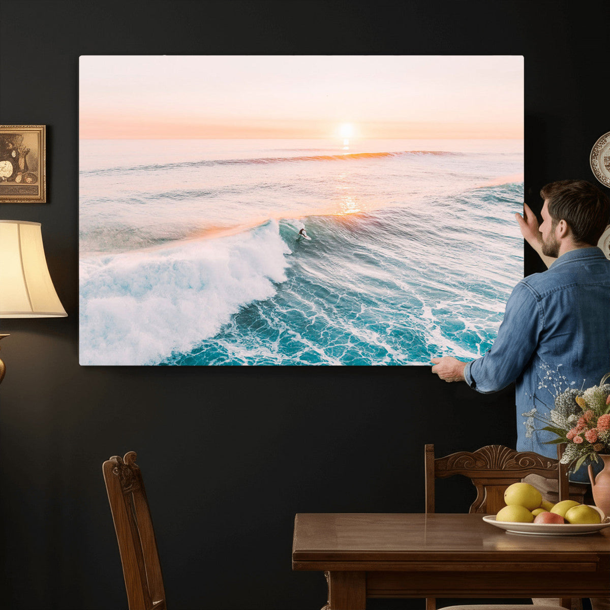 Sunset Surfing Wall Art Canvas Print, Ocean Wave Surfer with Golden Sky