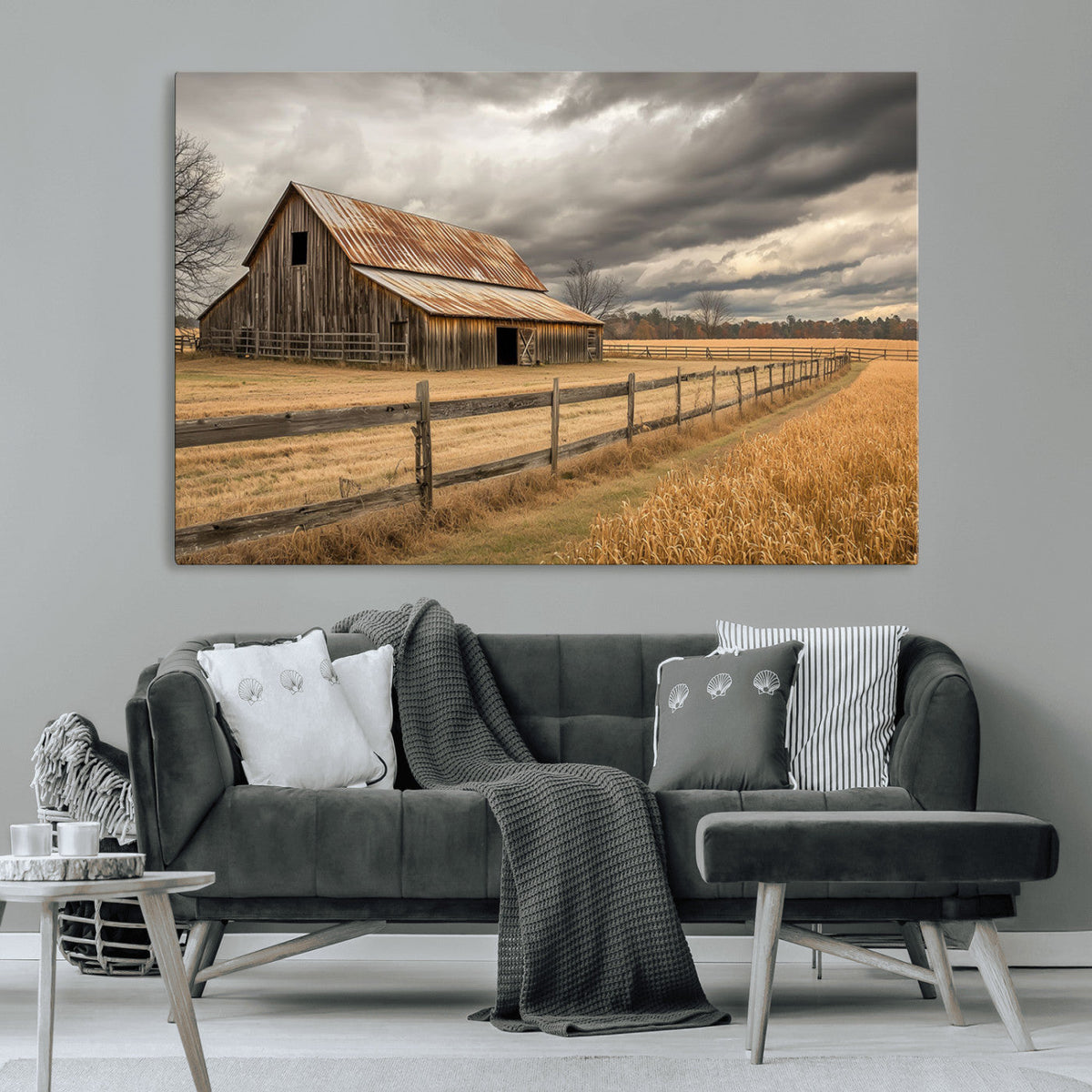Rustic Farm Barn Wall Art Canvas Print, Stormy Sky Country Decor