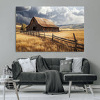 Golden Wheat Field Barn Canvas Print, Rustic Farm Landscape Under Dramatic Sky