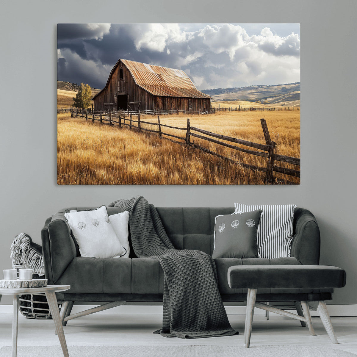 Golden Wheat Field Barn Canvas Print, Rustic Farm Landscape Under Dramatic Sky