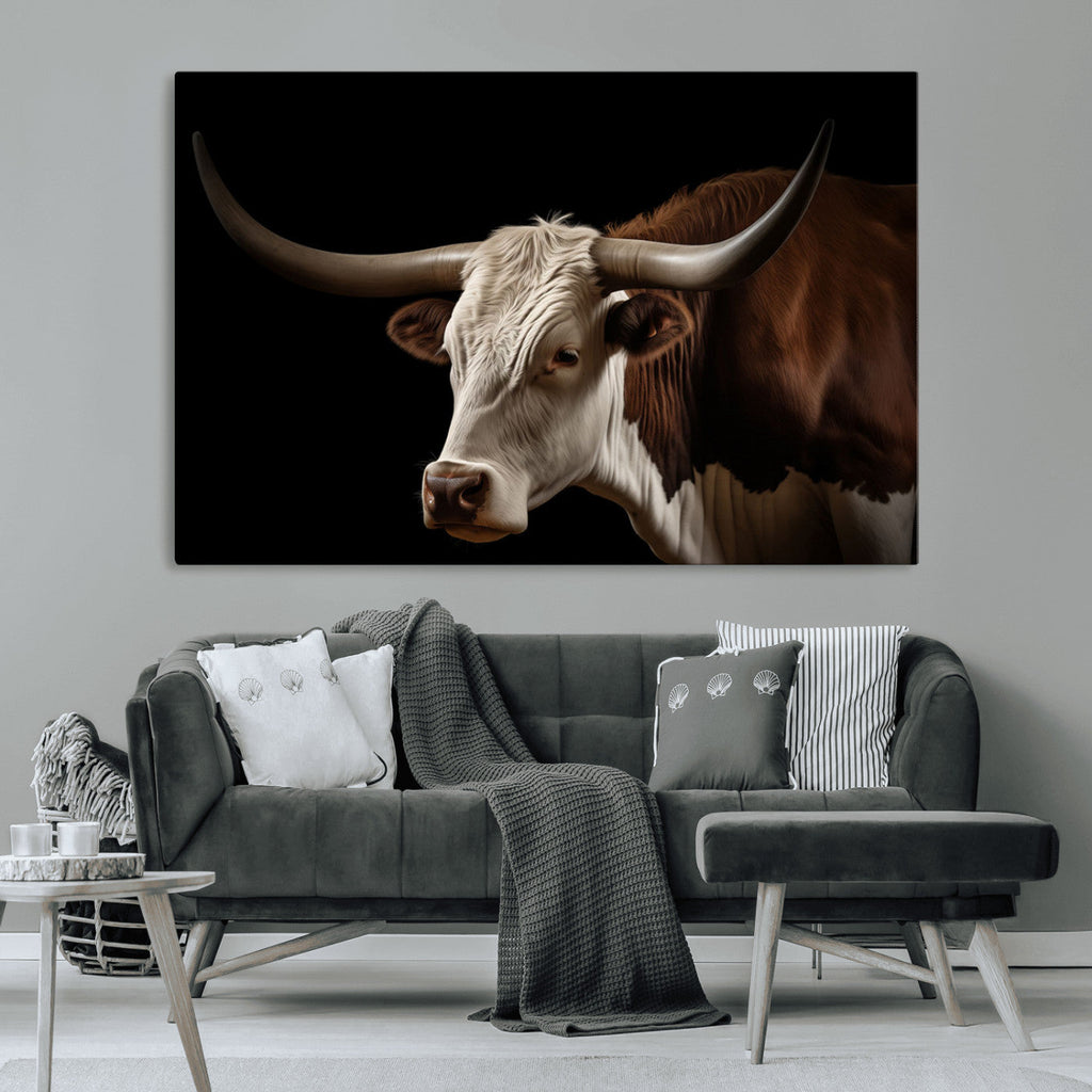 Texas Longhorn Bull Canvas Wall Art, Rustic Western Farmhouse Decor
