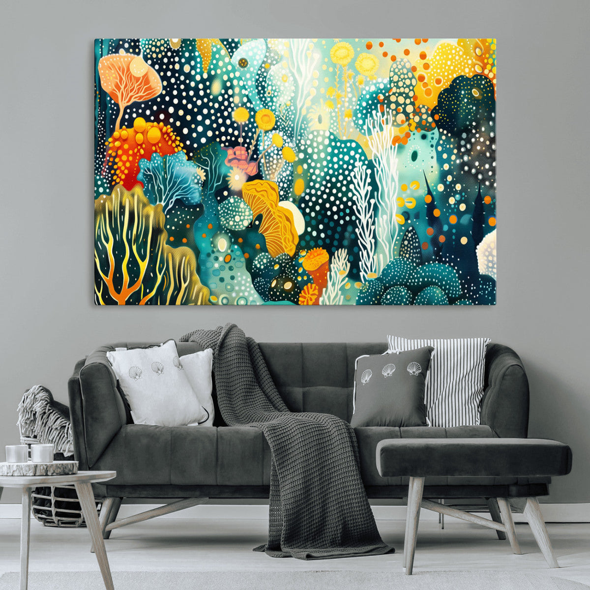 Luminous Abstract Ocean Garden Wall Art Canvas Print, Vibrant Coral Reef Marine Life