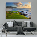 Coastal Golf Course Wall Art Canvas Print, Sunset with Rolling Green Fairways and Ocean Waves